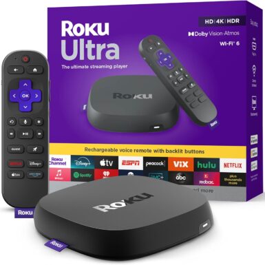 Roku Ultra, Ultimate Streaming Player - 4K Streaming Device for TV | HDR10+, Dolby Vision & Atmos - Bluetooth & Wi-Fi 6 - Rechargeable Voice Remote Pro with Backlit Buttons - Free & Live TV